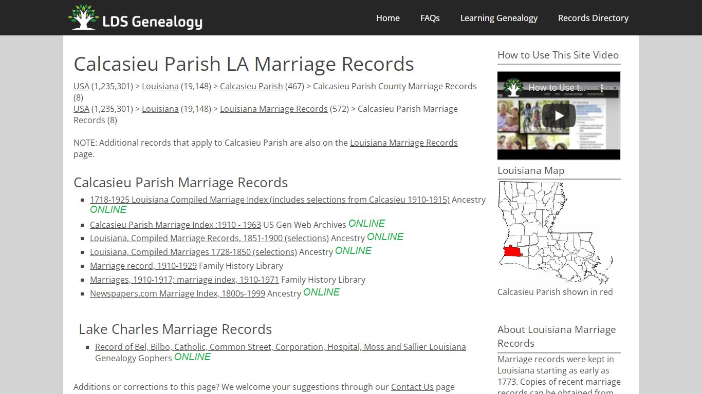 Calcasieu Parish LA Marriage Records - LDS Genealogy