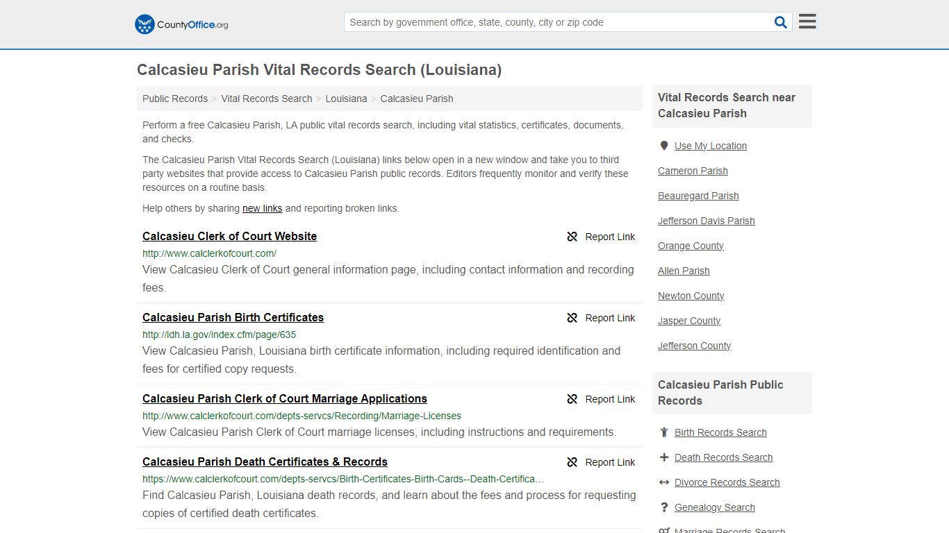 Vital Records Search - Calcasieu Parish, LA (Birth, Death, Marriage ...